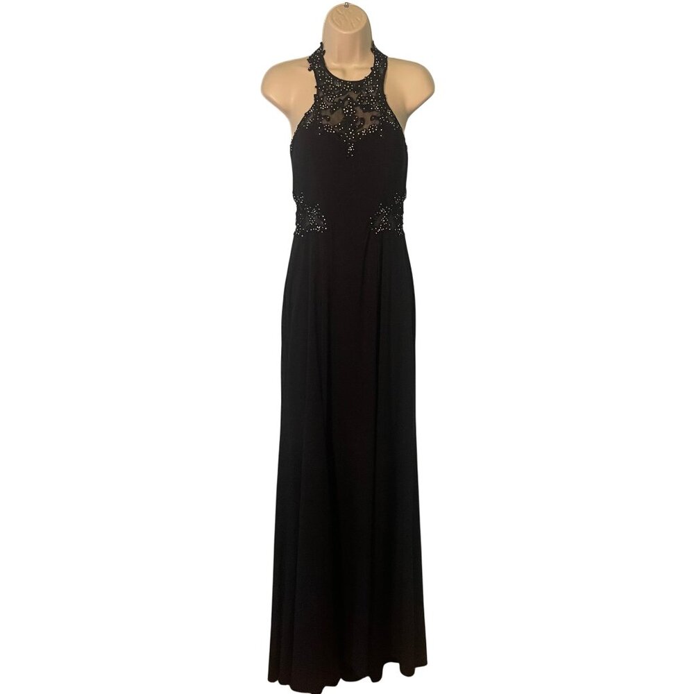 Blondie Nites By Stacy Sklar Black Halter Dress Size 9 Rhinestone Cut Outs Slit